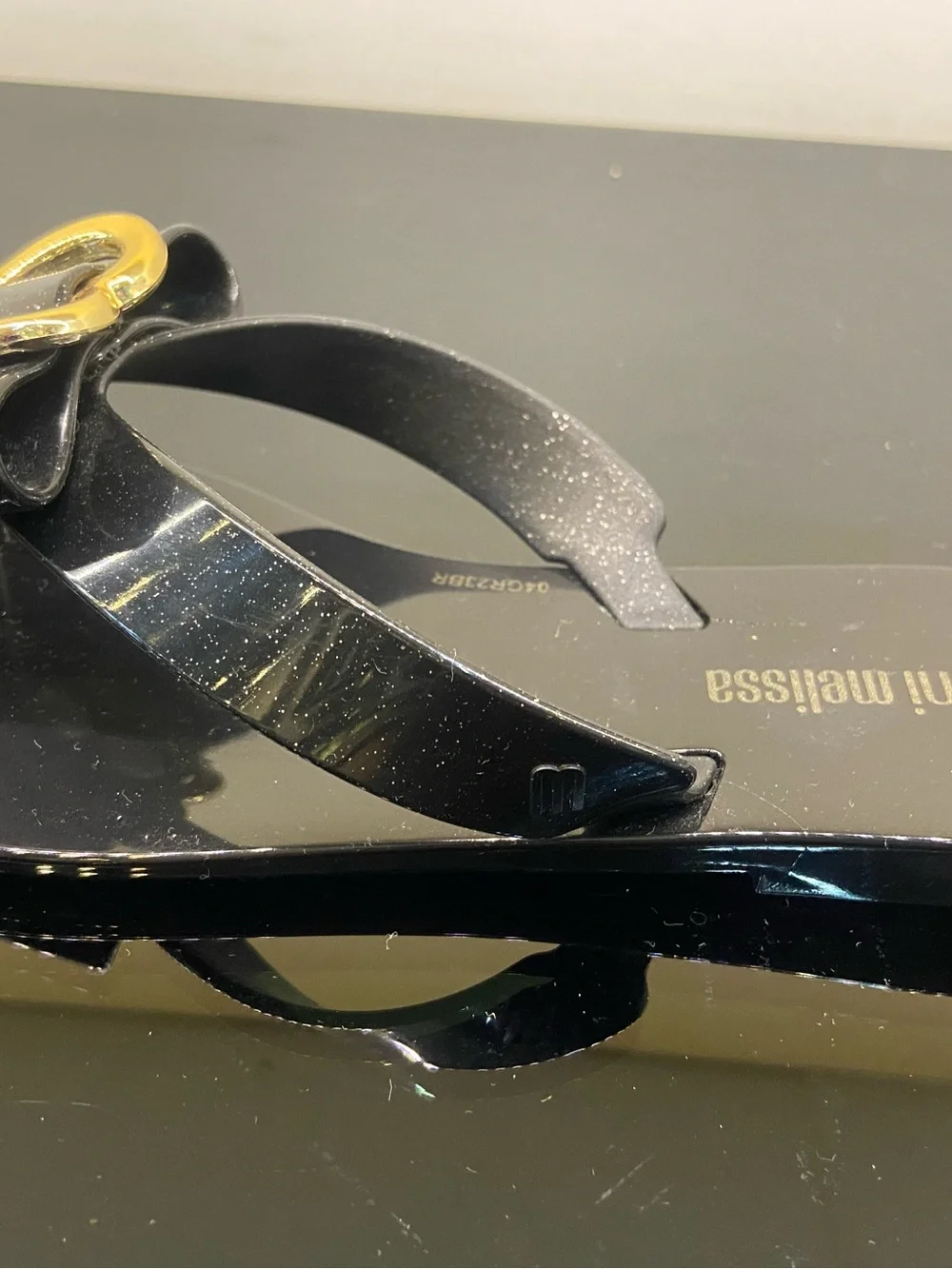 Mini Melissa Black Jelly Flip Flop with Gold Heart Bow size 12C